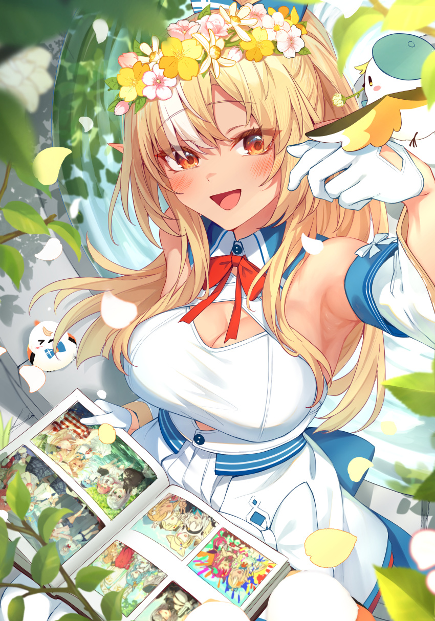 1girl absurdres animal_on_head armpits bird bird_on_head blonde_hair blue_bow bow breasts cleavage collar dark-skinned_female dark_skin detached_collar detached_sleeves dress elfriend_(shiranui_flare) gloves hair_bow head_wreath highres hololive large_breasts looking_at_viewer multicolored_hair on_head open_mouth pointy_ears ponytail red_eyes shiranui_flare shiranui_flare_(1st_costume) smile solo streaked_hair tang-du virtual_youtuber white_collar white_dress white_gloves white_hair white_sleeves