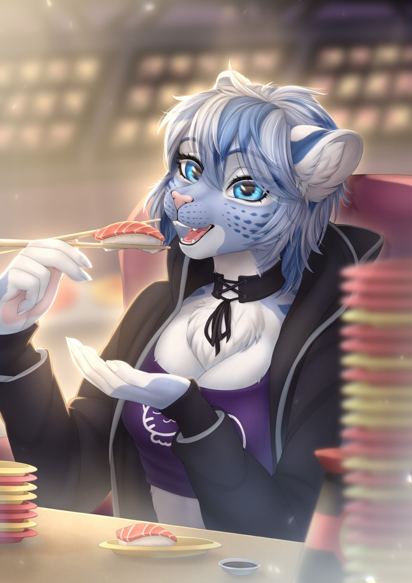 2024 5_fingers anthro bethesda_softworks blue_eyes blue_spots blurred_background breasts chest_tuft choker clothed clothing detailed_background eating felid female fingers food food_on_plate fur furniture grey_body grey_fur hair hi_res hoodie inner_ear_fluff jewelry khajiit looking_at_viewer m'ria_(maks_hunt) mammal markings necklace pantherine plate plates sauce sitting smile snow_leopard solo spots spotted_body spotted_fur sticks sushi the_elder_scrolls topwear tuft ules white_body white_fur