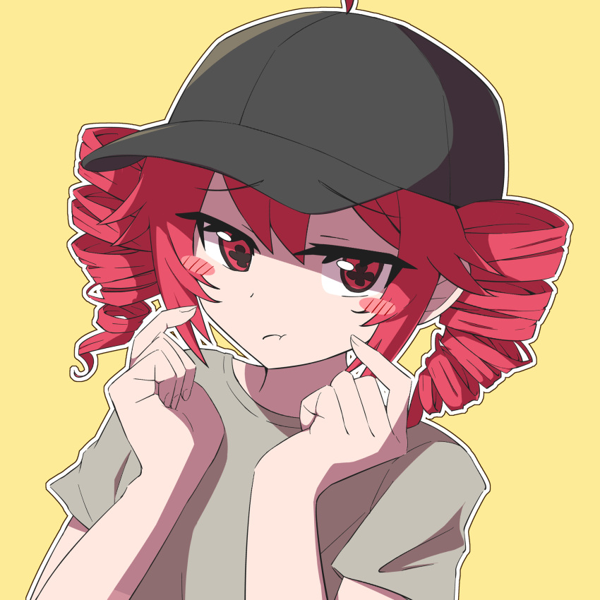 1girl ahoge baseball_cap blush_stickers closed_mouth commentary_request drill_hair finger_to_cheek hands_up hat highres kasane_teto long_hair looking_at_viewer outline pout red_eyes red_hair sabfish1229 shirt simple_background solo symbol-shaped_pupils t-shirt twin_drills upper_body utau white_outline yellow_background