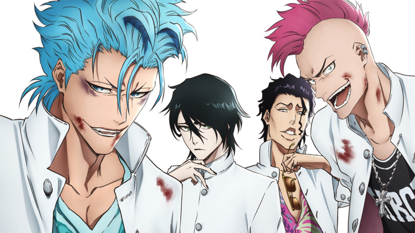 4boys alternate_costume artist_request askin_nakk_le_vaar bazz-b black_hair black_nails black_shirt bleach bleach:_sennen_kessen-hen blood blood_on_face blue_eyes blue_hair blue_shirt close-up closed_mouth commentary_request crazy_smile cross cross_necklace ear_piercing expressionless green_eyes grimmjow_jaegerjaquez hair_between_eyes hair_over_one_eye hair_slicked_back hand_up hawaiian_shirt holding holding_removed_eyewear jacket jewelry key_visual lips long_sleeves looking_at_viewer mohawk multiple_boys necklace nose official_art open_clothes open_jacket open_mouth parted_lips piercing pink_shirt promotional_art ring shirt short_eyebrows short_hair simple_background smile sunglasses teeth tsurime turtleneck ulquiorra_cifer unworn_eyewear v-shaped_eyebrows white_background white_jacket wide-eyed