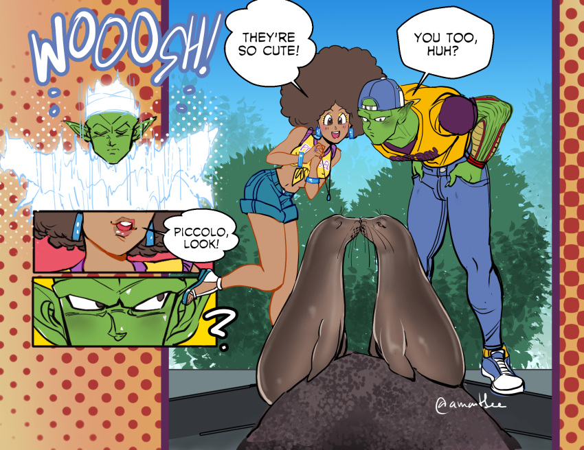 1boy 1girl afro amartbee animal backwards_hat baseball_cap big_hair blue_shorts breasts brown_eyes brown_lips casual colored_skin crop_top dark-skinned_female dark_skin denim dragon_ball dragon_ball_super dragon_ball_super_super_hero earrings english_commentary english_text front-tie_top green_skin hands_in_pockets hat highres hoop_earrings janet_(dragon_ball) jeans jewelry kiss looking_at_animal medium_breasts namekian pants piccolo pointy_ears seal_(animal) shorts speech_bubble sportswear standing standing_on_one_leg strappy_heels transformation whiskers yellow_eyeliner zoo