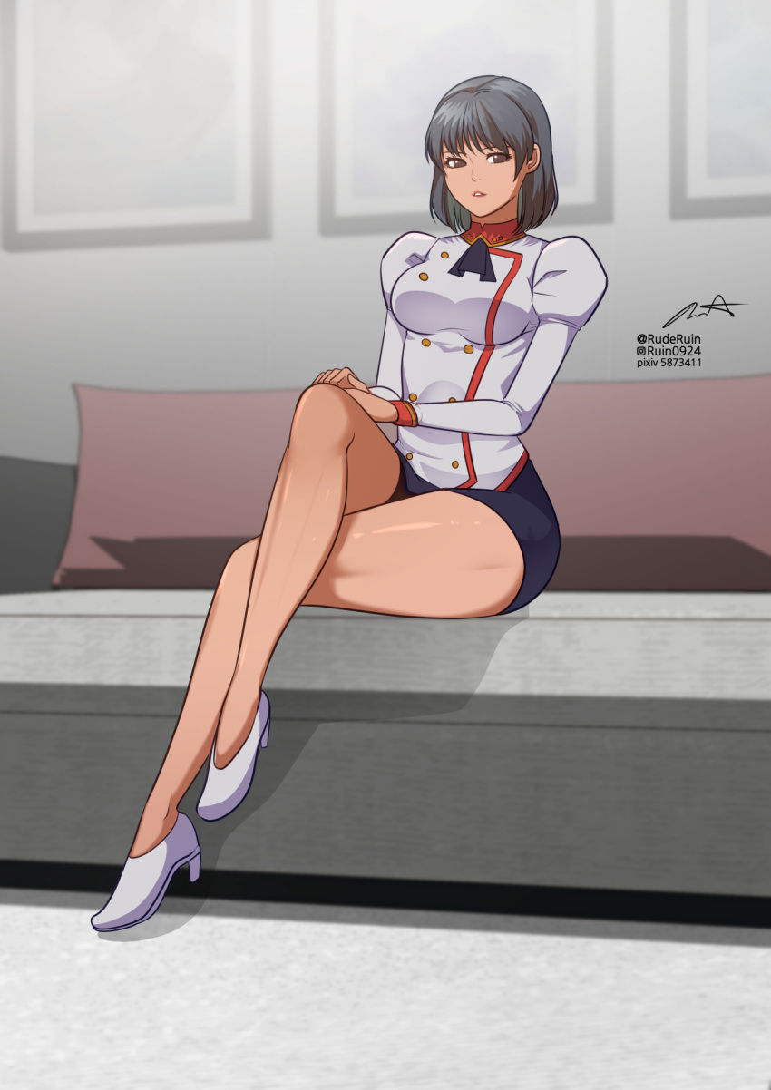 1girl adjutant_(agent_aika) agent_aika aika_(series) artist_name blue_hair blue_skirt breasts brown_eyes buttons couch crossed_legs delmogeny_uniform full_body high_heels highres indoors jacket juliet_sleeves long_sleeves looking_at_viewer medium_breasts microskirt military_uniform parted_lips puffy_sleeves rude_ruin short_hair signature sitting skirt solo thighs twitter_username uniform white_delmo white_jacket