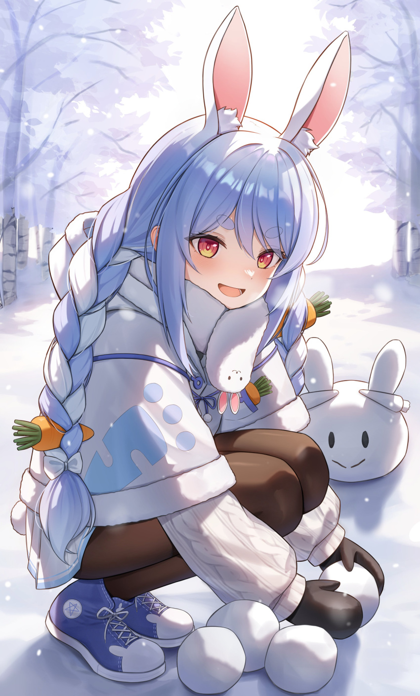 1girl absurdres animal_ear_fluff animal_ears birch_tree black_gloves black_pantyhose blue_footwear blue_hair blush braid carrot_hair_ornament coat don-chan_(usada_pekora) food-themed_hair_ornament gloves hair_ornament halonakoma9 highres hololive long_hair looking_at_viewer open_mouth orange_eyes pantyhose pekomon_(usada_pekora) rabbit_ears rabbit_girl shoes short_hair smile snow snowball solo twin_braids usada_pekora white_coat white_hair winter