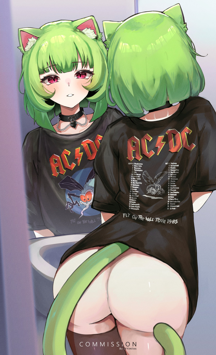 1girl absurdres ac/dc animal_ear_fluff animal_ears ass baebub band_shirt black_collar black_shirt black_thighhighs blush bottomless cat_ears cat_girl cat_tail collar commentary commission cowboy_shot english_text from_behind green_hair highres indie_virtual_youtuber looking_at_viewer merchandise mirror parted_lips pink_eyes reflection shirt short_hair short_sleeves sidelocks single_thighhigh sink standing symbol-only_commentary t-shirt tail teeth thighhighs twitter_username virtual_youtuber yimles
