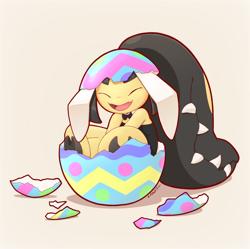 absurd_res anthro artist_name big_hair black_bow_tie black_clothing black_hair black_leotard bow_tie bunny_costume clothing costume easter easter_egg egg eyes_closed fake_ears fake_rabbit_ears female generation_3_pokemon hair hair_mouth hi_res holidays leotard long_hair mawaifu mawile nintendo open_mouth open_smile pink_tongue pokemon pokemon_(species) sharp_teeth signature simple_background sitting smile solo teeth tongue yellow_body yellow_skin