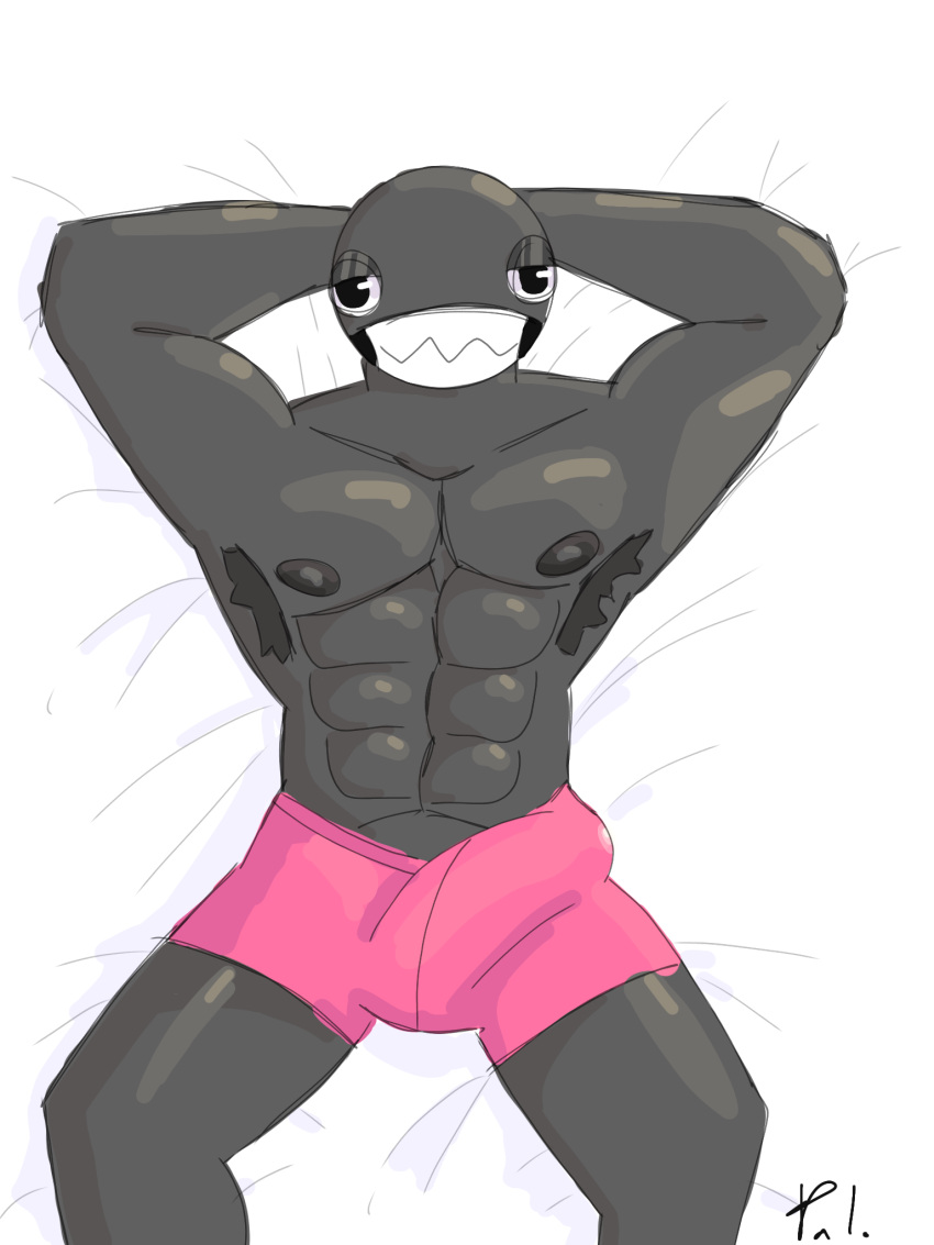 bed chain_chomp clothing facial_hair furniture hi_res lying lying_on_bed male mario_bros nintendo on_bed palister35 pink_clothing pink_underwear solo underwear
