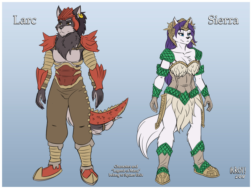 2018 abs anthro armor black_hair blue_eyes bone boots breasts brother brown_eyes canine chest_tuft clothed clothing ear_piercing female footwear fur grey_fur hair headdress helmet heresy_(artist) larc legend_of_mana male mammal mana_(series) model_sheet multicolored_fur piercing purple_hair scabbard sibling sierra_(mana) sister tuft two_tone_fur video_games white_fur wolf