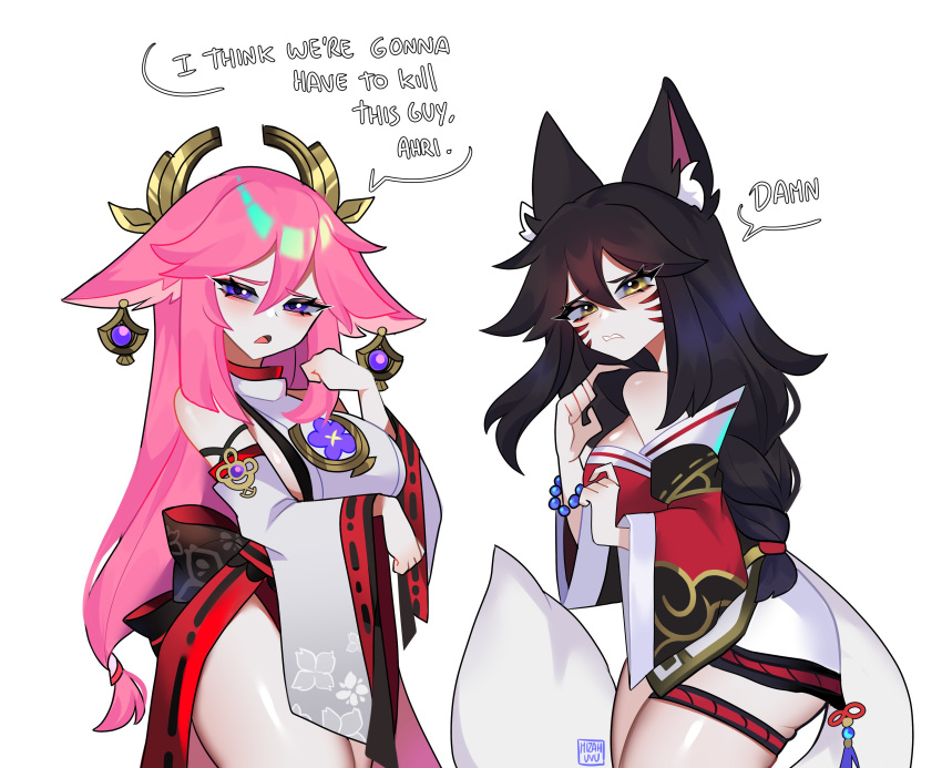 2girls absurdres ahri_(league_of_legends) animal_ear_fluff animal_ears animification black_hair blush braid breasts brown_eyes crossover detached_sleeves disgust english_text fox_ears fox_girl fox_tail frown genshin_impact hair_between_eyes halter_shirt halterneck highres i_think_we're_gonna_have_to_kill_this_guy_steven_(meme) japanese_clothes kimono large_breasts league_of_legends medium_breasts meme mizah_(mizah) multiple_girls pink_hair purple_eyes red_kimono red_skirt skirt tail trait_connection white_background yae_miko