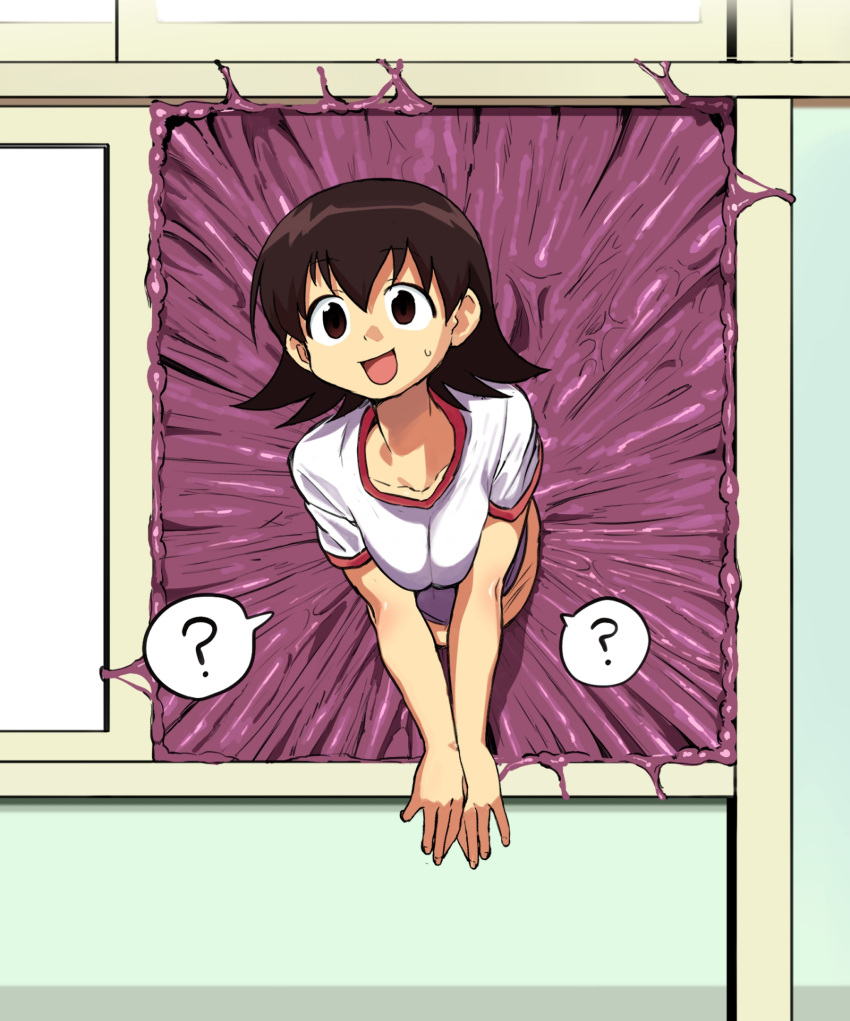 abyss_school athletic_wear azumanga_daioh big_breasts breasts brown_hair clothed clothing digital_media_(artwork) female gym_uniform hair hi_res human human_only mammal mayo_(artist) mimic not_furry school shirt slime stuck takino_tomo topwear uniform white_clothing white_shirt white_topwear