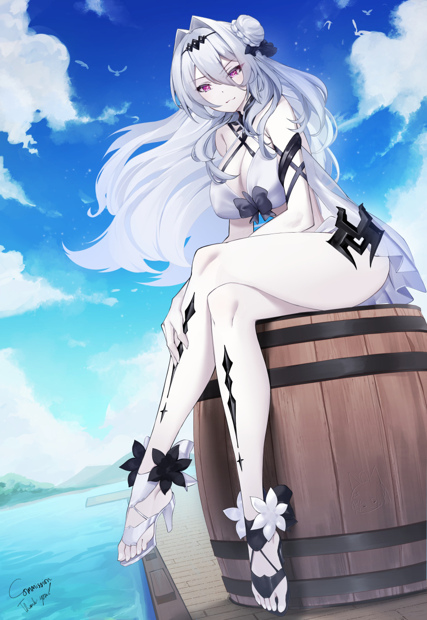 1girl :3 absurdres arbiter_the_empress_iii_(azur_lane) asymmetrical_footwear azur_lane bare_legs barrel bird breasts cleavage commission crossed_legs curly_hair day dress english_commentary from_below from_side full_body hair_between_eyes hair_bun hand_on_own_leg high_heels highres irkawaza large_breasts leaning_forward legs long_hair looking_at_viewer looking_down midriff mismatched_footwear outdoors pale_skin pink_eyes purple_eyes revealing_clothes seagull single_hair_bun siren_(azur_lane) solo thighs very_long_hair white_dress white_hair