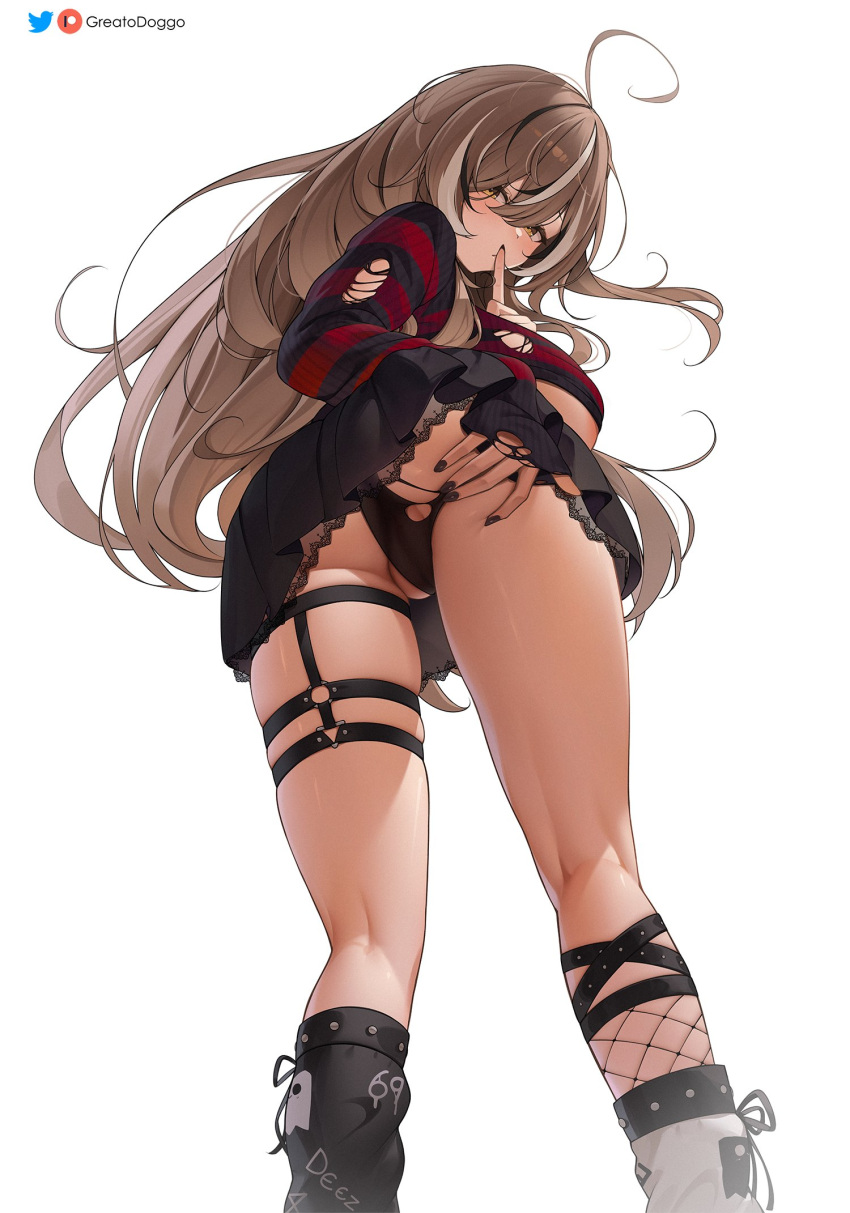 1girl ahoge ass ass_grab black_sweater brown_eyes brown_hair emo_fashion grabbing_own_ass greatodoggo highres hololive hololive_english long_hair looking_at_viewer multicolored_hair nanashi_mumei nanashi_mumei_(emo) official_alternate_costume panties partially_visible_vulva presenting red_sweater solo spread_ass streaked_hair striped_clothes striped_sweater sweater torn_clothes torn_sweater underwear virtual_youtuber