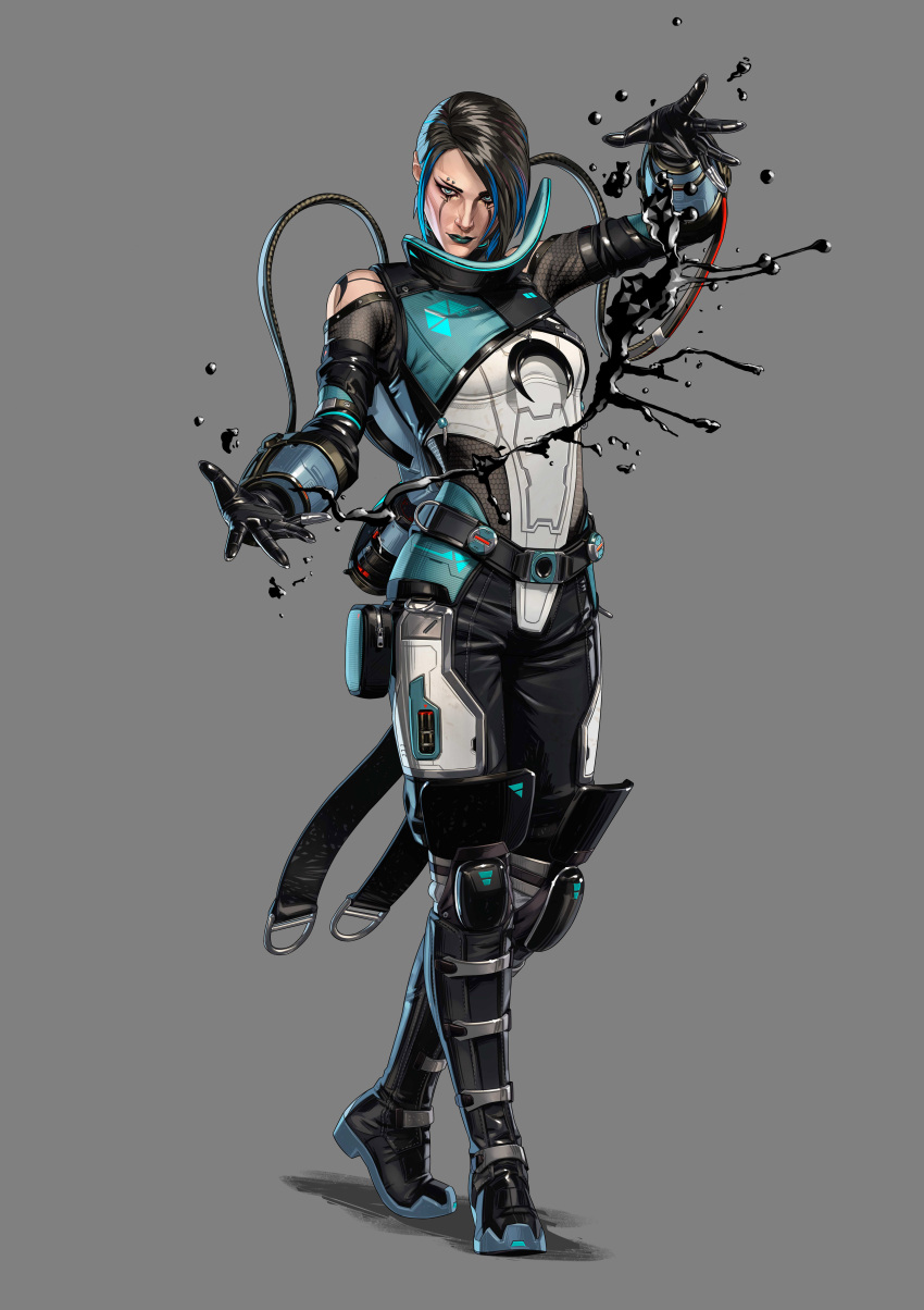 1girl absurdres apex_legends black_bodysuit black_eyeliner blue_eyes blue_hair blue_lips bodysuit breasts cable catalyst_(apex_legends) english_commentary eyeliner full_body grey_background highres liquid looking_at_viewer makeup multicolored_hair official_art open_hands realistic shadow short_hair small_breasts smile solo soojung_lee streaked_hair walking