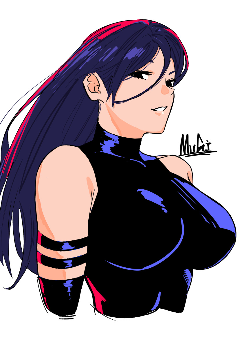 1girl absurdres animification blue_leotard breasts highres large_breasts leotard long_hair looking_at_viewer marvel mugi_(mugit49) ninja psylocke purple_hair sleeveless solo superhero_costume x-men