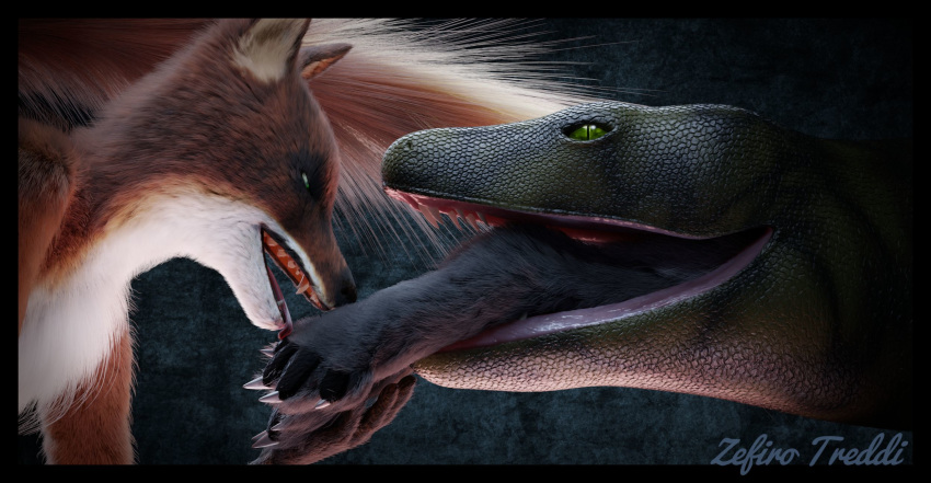 3d_(artwork) ambiguous_gender blender_(software) canine claws digital_media_(artwork) female foot_fetish foot_lick fox green_eyes licking mammal oral_vore pawpads paws red_fox reptile scalie snake teeth toe_claws tongue tongue_out vore zefirotreddi