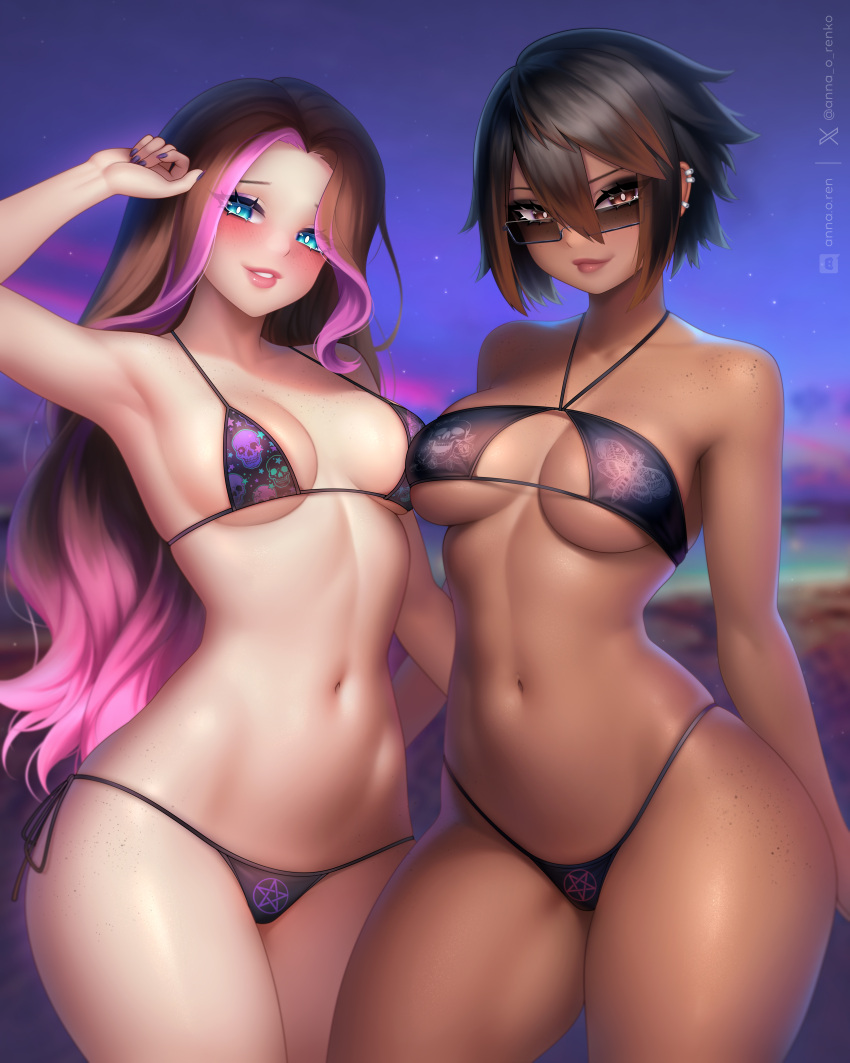 2girls absurdres anna_o_renko arm_up armpits bikini blue_eyes blurry blurry_background breasts brown_eyes brown_hair cowboy_shot dark-skinned_female dark_skin ear_piercing earrings highres jewelry lips looking_over_eyewear medium_breasts multicolored_hair multiple_girls navel original outdoors pentagram piercing pink_hair print_bikini short_hair smile sunglasses sunset swimsuit tinted_eyewear two-tone_hair