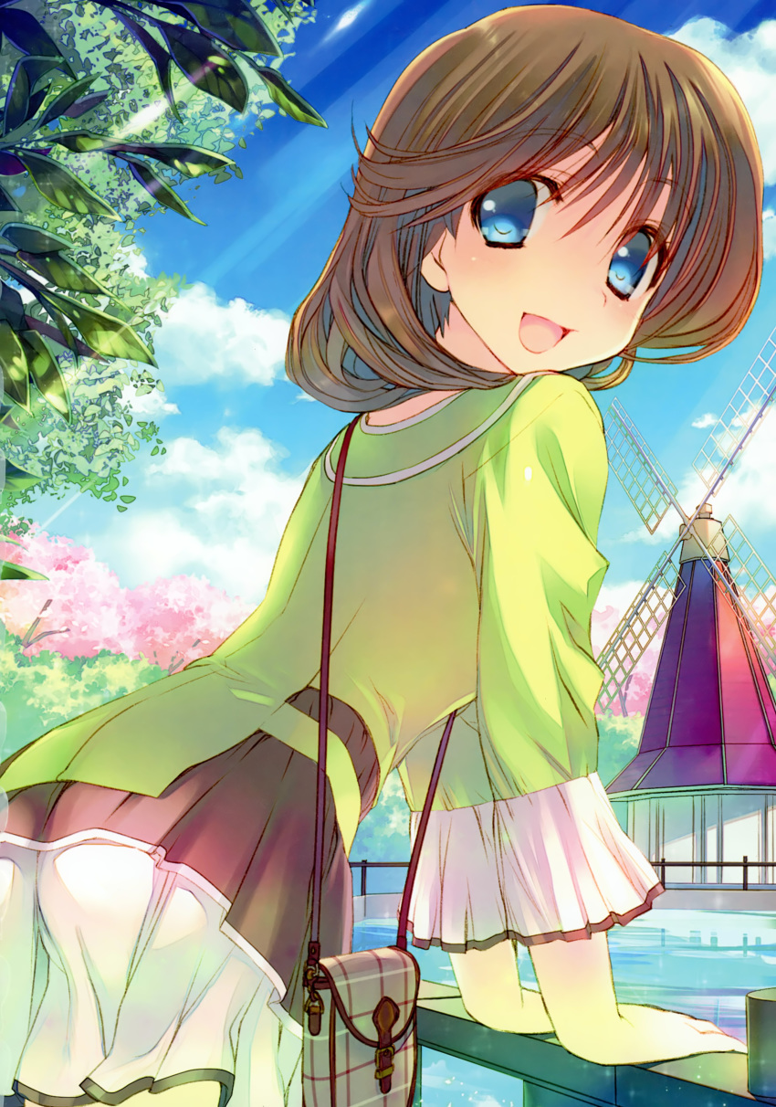 :d absurdres amazuyu_tatsuki blue_eyes brown_hair cowboy_shot day eyebrows_visible_through_hair from_side hair_between_eyes highres komaki_ikuno leaning_forward long_hair looking_at_viewer looking_back miniskirt open_mouth outdoors pleated_skirt shirt skirt smile solo sunlight to_heart to_heart_2 water white_skirt