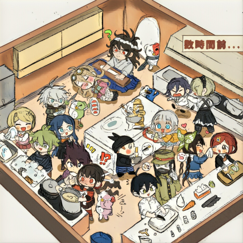 !? 6+boys 6+girls ? ^_^ afterimage ahoge akamatsu_kaede alternate_costume amami_rantaro android animal_ear_headwear animal_ears antenna_hair bandaged_hand bandages beanie bear belt black_choker black_dress black_eyes black_footwear black_hair black_hairband black_hat black_jacket black_mask black_pantyhose black_sailor_collar black_scarf black_skirt black_sleeves black_socks blazer blonde_hair blue_bow blue_bowtie blue_eyes blue_hair blue_pants blue_serafuku blue_shirt blue_skirt blue_sleeves blunt_bangs blush blush_stickers boots bow bowtie brown_eyes brown_hair brown_pants bubble buttons carrot cat_ears chabashira_tenko checkered_clothes checkered_scarf chibi choker closed_eyes closed_mouth coat coat_on_shoulders collared_shirt commentary_request cooking cooking_pot covered_mouth criss-cross_back-straps cutting cutting_board danganronpa_(series) danganronpa_v3:_killing_harmony dark-skinned_female dark_skin dishwashing dress drinking everyone eyelashes eyes_visible_through_hair fake_animal_ears faucet floral_print flying_sweatdrops food frilled_skirt frills frown full-face_blush full_body gakuran glasses goggles goggles_on_head gokuhara_gonta grabbing_another's_ear green_bow green_hair green_jacket green_pants grey_footwear grey_hair grey_kimono hair_between_eyes hair_bow hair_ornament hair_over_shoulder hair_scrunchie hairband half-closed_eyes hand_on_another's_ear harukawa_maki hat heart highres holding holding_knife holding_plate holding_rag holding_spoon holding_tissue hoshi_ryoma indoors iruma_miu jacket japanese_clothes k1-b0 kimono kitchen knife lace-trimmed_hairband lace_trim layered_dress leather leather_jacket light_blush long_dress long_hair long_sleeves looking_at_another low_twintails lying mask medium_skirt messy_hair midriff miniskirt momota_kaito monodam monokid monophanie monosuke monotaro_(danganronpa) mouth_mask multiple_belts multiple_boys multiple_girls musical_note musical_note_hair_ornament necktie no_headwear no_jacket notice_lines o-ring o-ring_belt oma_kokichi on_side one_eye_closed onion open_clothes open_jacket open_mouth orange_bow orange_bowtie orange_necktie orange_vest pants pantyhose peaked_cap peeler pink_serafuku pink_shirt pink_skirt pink_sleeves pink_vest plate pleated_skirt pocket pointing pointing_up puff_of_air puffy_pants purple_coat purple_eyes purple_hair red_eyes red_hair red_scrunchie red_shirt red_sleeves red_thighhighs refrigerator restrained round_eyewear saihara_shuichi sailor_collar scarf scenery school_uniform scrunchie serafuku shadow shinguji_korekiyo shirogane_tsumugi shirt shoes short_hair short_sleeves sink skirt sleeves_past_elbows smile socks spiked_hair spoken_object spoken_paw spoon stirring stove striped_clothes striped_pants striped_shirt sugi_haeru sushi tears thighhighs tojo_kirumi translation_request twintails v-shaped_eyebrows v-shaped_eyes vertical-striped_sleeves very_long_hair vest white_bow white_dress white_jacket white_sailor_collar white_scarf white_shirt white_sleeves white_thighhighs wiping_tears yellow-framed_eyewear yellow_eyes yellow_raincoat yellow_sleeves yonaga_angie yumeno_himiko zipper