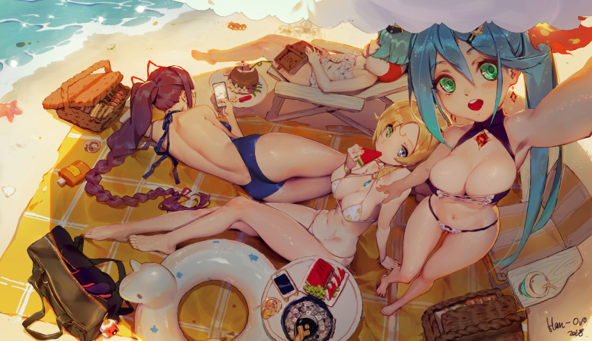 :d aqua_hair arm_at_side arm_support arm_up ass ass_visible_through_thighs bangle bangs bare_legs barefoot beach bikini blonde_hair blue_eyes blue_swimsuit book bracelet braid breasts casual_one-piece_swimsuit cellphone chair cleavage cleavage_cutout closed_eyes criss-cross_halter earrings eating eyebrows_visible_through_hair flat_chest food foreshortening frilled_bikini frills from_above fruit glasses green_eyes hair_between_eyes hair_ornament hair_ribbon hairclip halter_top halterneck han-0v0 han-gyaku-sei_million_arthur heterochromia highres innertube jewelry large_breasts looking_at_viewer lounge_chair lying medium_breasts million_arthur_(series) multiple_girls navel o-ring o-ring_bikini o-ring_top one-piece_swimsuit open_book open_mouth outdoors parted_bangs phone picnic_basket ponytail purple_hair ribbon short_hair side-tie_bikini side_ponytail sidelocks single_braid sitting smartphone smile standing string_bikini swimsuit watermelon white_bikini
