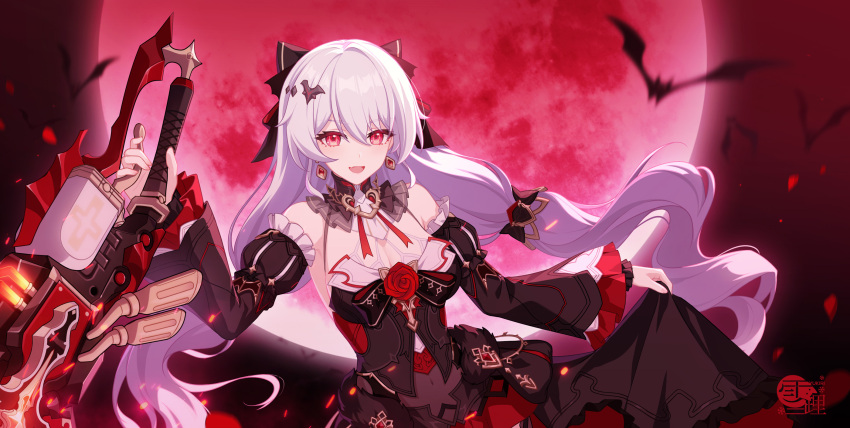 1girl :d bare_shoulders bat_(animal) bat_hair_ornament black_dress black_sleeves breasts chinese_commentary cleavage commission detached_sleeves dress earrings flower full_moon hair_between_eyes hair_ornament highres holding holding_sword holding_weapon honkai_(series) honkai_impact_3rd huge_moon jewelry long_hair long_sleeves looking_at_viewer medium_breasts moon night open_mouth petals red_eyes red_flower red_moon red_rose red_theme rose smile solo sword theresa_apocalypse theresa_apocalypse_(luna_kindred) theresa_apocalypse_(lunar_vow:_crimson_love) twintails vampire very_long_hair weapon white_hair yukiri_(l_ii)