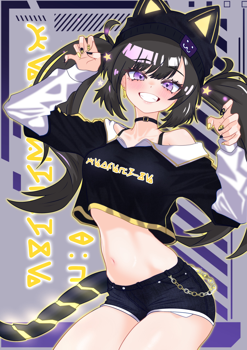 1girl absurdres animal_ears black_shirt brown_hair casual cat_ears cat_tail chain crop_top denim denim_shorts duel_monster fake_animal_ears fake_tail hat highres i:p_masquerena long_hair long_sleeves midriff navel oldsickkim paw_pose purple_eyes shirt short_shorts short_sleeves shorts smile solo stomach tail twintails yu-gi-oh!