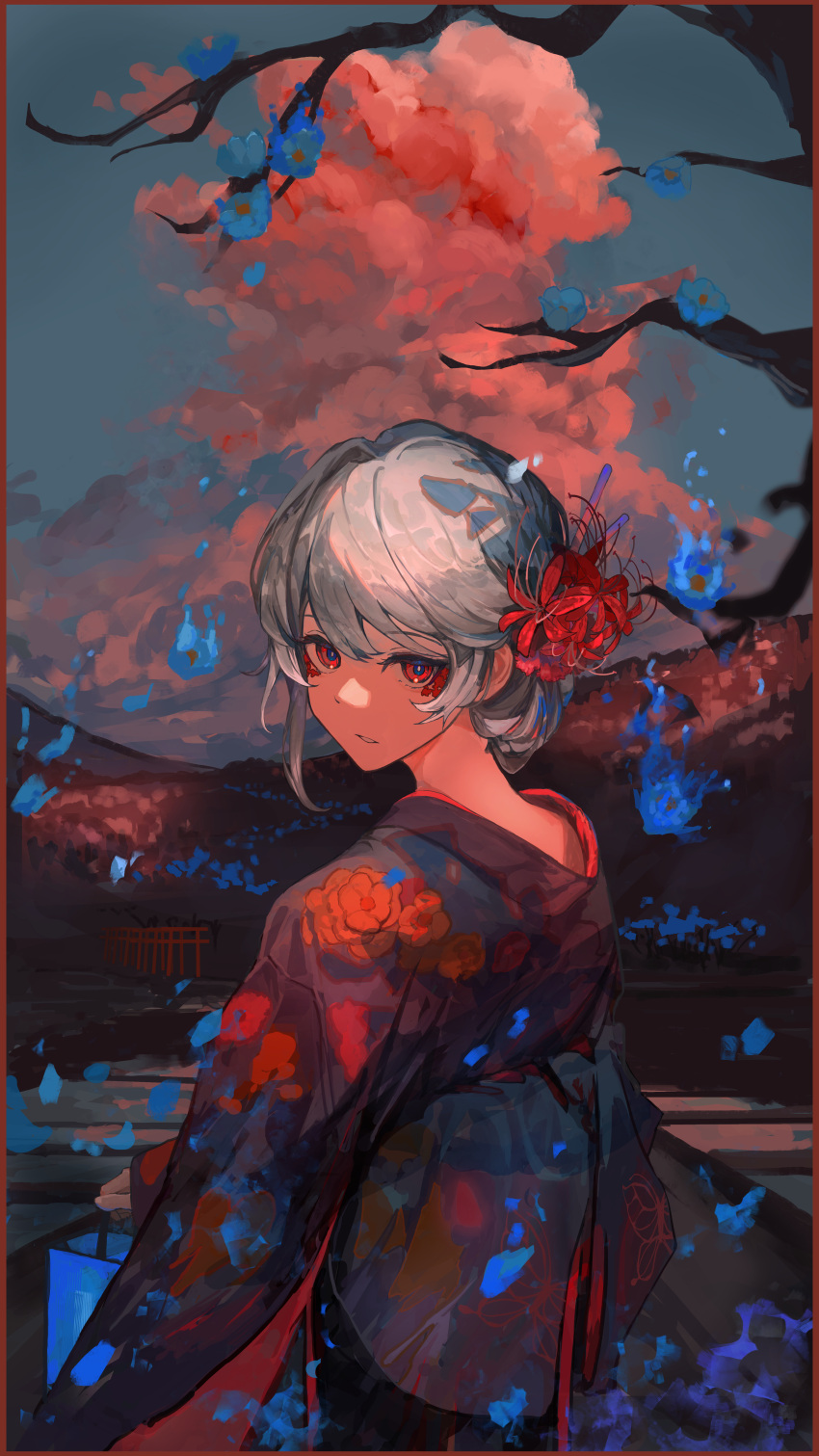 1girl absurdres bag blue_sky bug butterfly cloud facial_mark floral_print floral_print_kimono flower from_behind grey_hair hair_flower hair_ornament highres holding holding_bag japanese_clothes kasumi_yuzuha kimono looking_at_viewer looking_back multiple_torii obi original outdoors parted_lips red_eyes sash sky solo torii