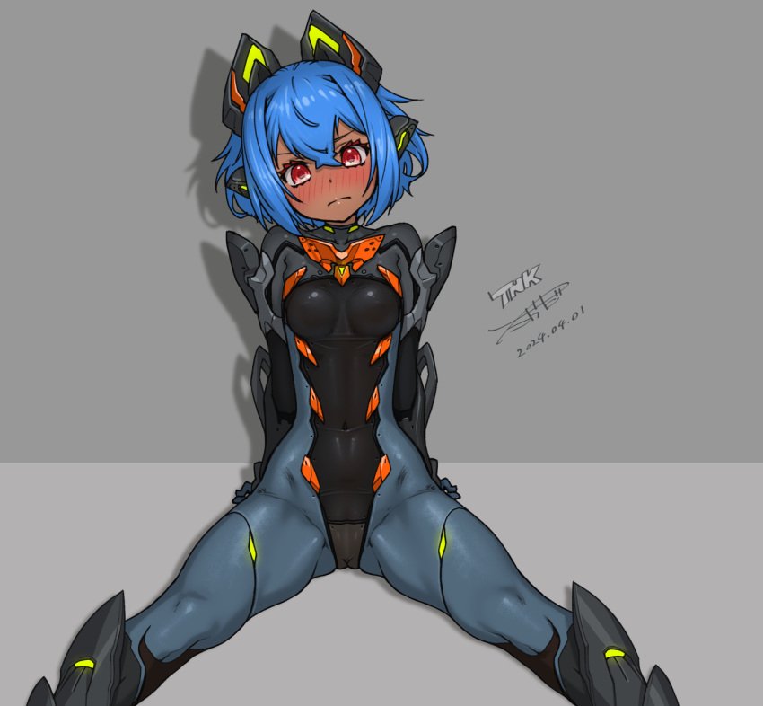 1girl armored_boots blue_hair blush bodysuit boots breasts dark-skinned_female dark_skin full-face_blush hair_between_eyes headgear highres looking_at_viewer original red_eyes short_hair sitting small_breasts solo takada_kazuhiro wrist_guards