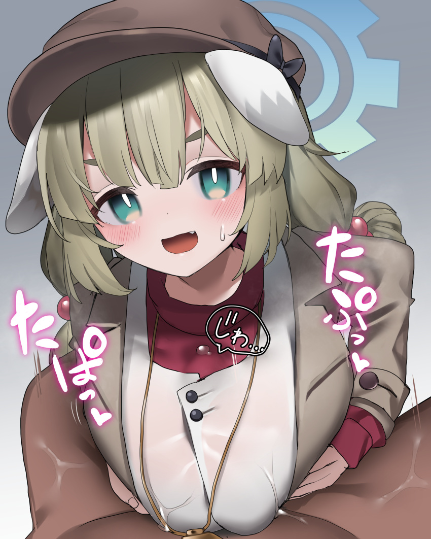 1boy 1girl animal_ears blonde_hair blue_archive blush breasts breasts_squeezed_together clothed_female_nude_male fang grabbing_own_breast green_eyes hair_between_eyes hat hetero highres large_breasts looking_at_viewer nude open_mouth paizuri paizuri_under_clothes pov pov_crotch sensei_(blue_archive) shirt smile solo_focus tsudanuma upper_body yakumo_(blue_archive)