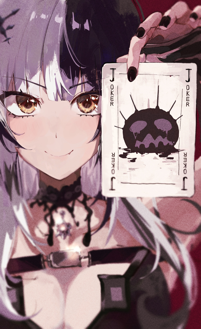 1girl absurdres black_choker black_dress black_hair black_nails blunt_bangs breasts card chest_belt choker cleavage dress fang hair_ornament highres holding holding_card hololive hololive_english joker_(playing_card) lace lace-trimmed_choker lace_choker lace_trim large_breasts long_hair multicolored_hair nail_polish playing_card shiori_novella shiori_novella_(1st_costume) smile solo split-color_hair two-tone_hair virgo76612871 virtual_youtuber white_hair yellow_eyes