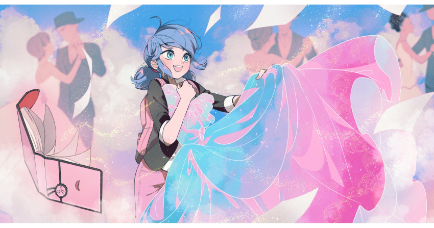 black_jacket blazer blue_dress blue_eyes blue_hair book cloud cloudy_sky dancing dress happy highres jacket marinette_dupain-cheng miraculous_ladybug multiple_boys multiple_girls open_mouth paper seio_(nao_miragggcc45) short_twintails sky smile twintails