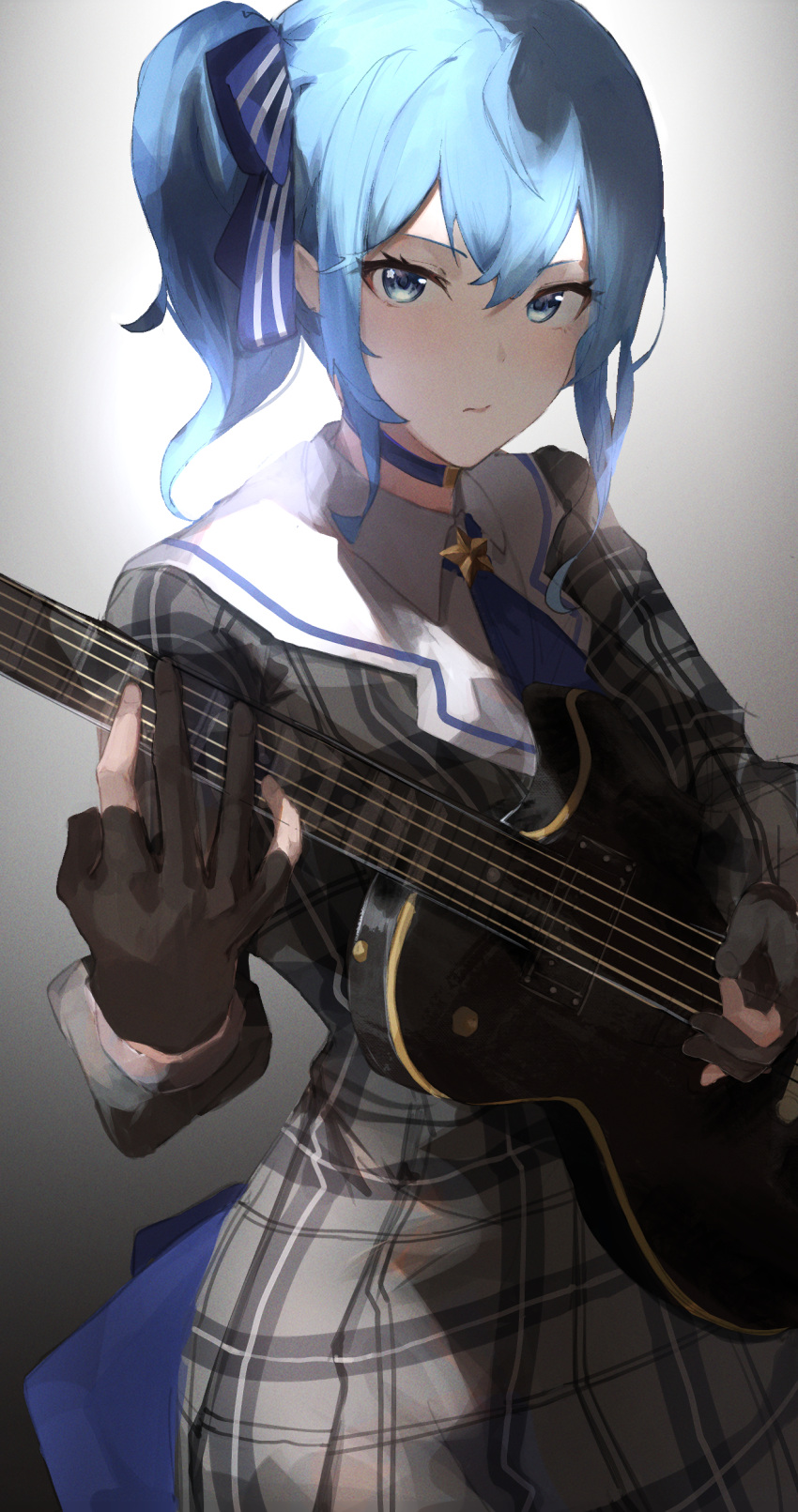 1girl absurdres black_gloves blue_bow blue_choker blue_eyes blue_hair bow bowtie choker dress gloves grey_dress guitar hair_between_eyes highres holding holding_instrument hololive hoshimachi_suisei hoshimachi_suisei_(1st_costume) instrument long_hair music partially_fingerless_gloves plaid plaid_dress playing_instrument side_ponytail sidelocks solo star_(symbol) star_choker star_in_eye symbol_in_eye virgo76612871 virtual_youtuber wavy_hair