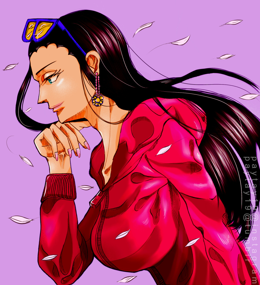 1girl black_hair blue_eyes earrings eyelashes eyewear_on_head falling_petals floating_hair hair_slicked_back hand_on_own_chin highres hood hoodie instagram_username jewelry necklace nico_robin one_piece personthingtodo petals pink_lips pink_nails profile purple_background sidelocks smile solo tumblr_username zipper