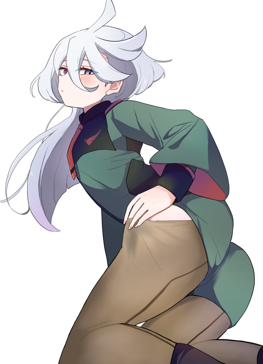 1girl ahoge asticassia_school_uniform back-seamed_legwear blush closed_mouth green_shorts grey_eyes grey_hair gundam gundam_suisei_no_majo hair_between_eyes half-closed_eyes highres lemoontya long_hair long_sleeves looking_at_viewer miorine_rembran necktie pantyhose red_necktie school_uniform seamed_legwear short_shorts shorts solo torn_clothes torn_pantyhose undressing white_background wide_sleeves