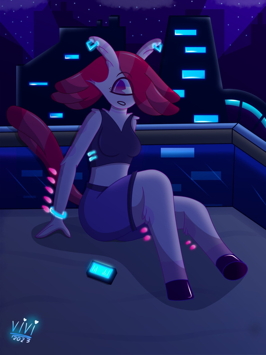1_eye anthro bottomwear breasts city clothing electronics female hair hi_res lina_(vivzlover) night phone pink_body red_hair shirt shorts solo tail topwear unknown_species vivzlover