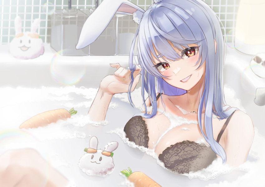 1girl absurdres aged_up animal_ear_fluff animal_ears bathing bathtub black_bra blue_hair blue_nails bra breasts carrot commentary_request fingernails grin hair_between_eyes head_tilt highres hololive indoors lace lace_bra large_breasts long_hair looking_at_viewer mature_female nail_polish orange_eyes partially_submerged pekomon_(usada_pekora) playing_with_own_hair rabbit_ears rabbit_girl short_eyebrows smile soap_bottle soap_bubbles solo t_oaru thick_eyebrows tile_wall tiles underwear usada_pekora virtual_youtuber water wet