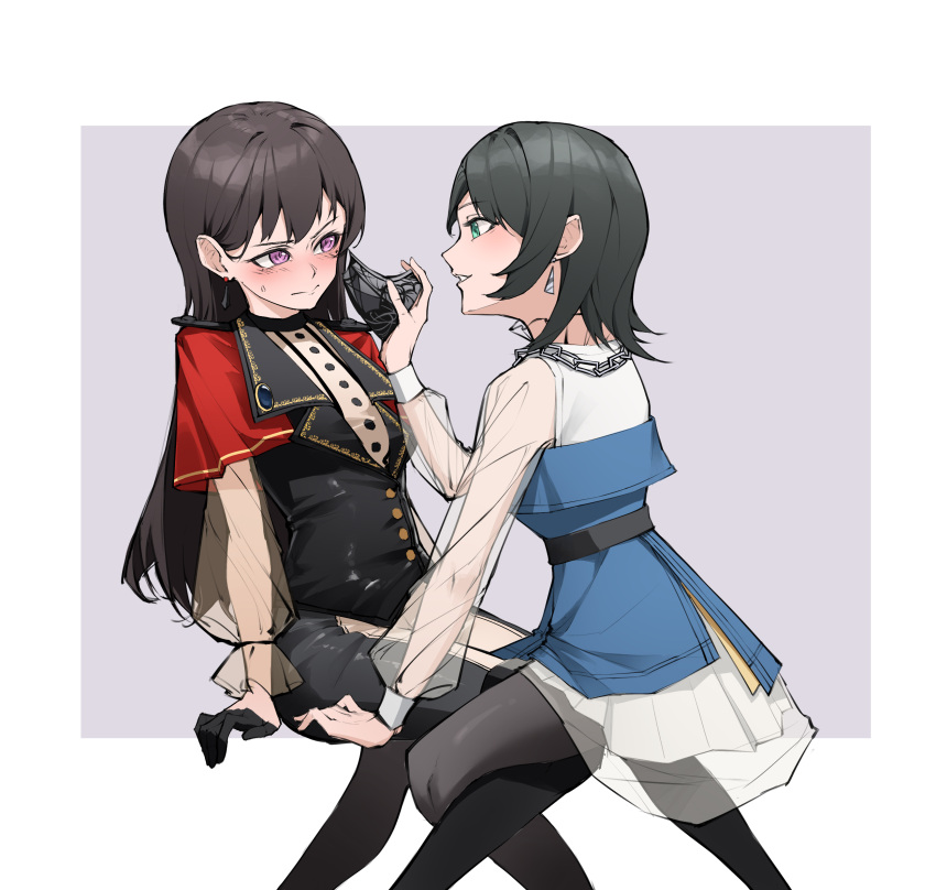 2girls absurdres bang_dream! bang_dream!_it's_mygo!!!!! bingdongluofeiyu black_corset black_hair black_pantyhose blue_dress blush brown_hair chain_necklace chinese_commentary closed_mouth commentary_request corset dress earrings eye_contact feet_out_of_frame green_eyes highres jewelry leg_around_another's_leg leg_between_thighs long_hair looking_at_another medium_hair multiple_girls necklace pantyhose parted_lips purple_background purple_eyes red_shirt removing_mask see-through see-through_sleeves shiina_taki shirt sitting smile sweatdrop two-tone_background white_background white_shirt yahata_umiri yuri