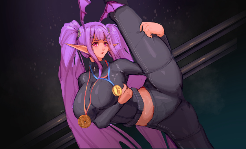 1girl absurdres alternate_breast_size alternate_costume arknights arm_under_breasts black_jacket black_leggings breasts cameltoe cropped_jacket double_vertical_stripe embarrassed frown hair_ornament hairclip hand_on_own_thigh head_wings highres jacket jersey large_breasts leggings long_hair long_pointy_ears looking_at_viewer manticore_(arknights) medal midriff_peek pink_eyes pink_hair pointy_ears skin_tight solo sportswear spread_legs steam thick_thighs thigh_strap thighs turtleneck twintails vertical-striped_leggings very_long_hair wings yamada_(894921678) zipper_pull_tab