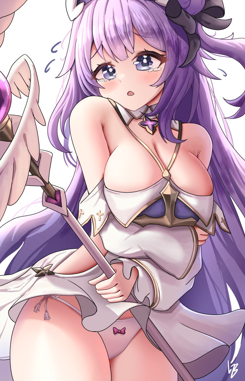 1girl absurdres azur_lane bare_shoulders black_bow blush bow bow_panties breasts cleavage cross dress flying_sweatdrops hair_bow highres holding holding_staff large_breasts long_hair loob official_alternate_costume one_side_up panties parted_lips purple_eyes purple_hair side-tie_panties signature simple_background solo staff underwear unicorn_(azur_lane) unicorn_(snow_white_guardian_angel)_(azur_lane) very_long_hair white_background white_dress white_panties