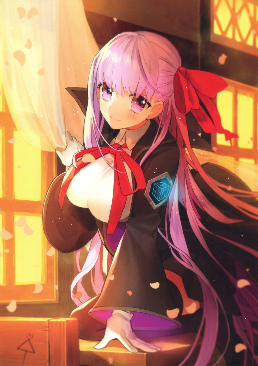 1girl absurdres bb_(fate) black_coat black_garter_belt blush breasts coat curtains fate/extra fate/extra_ccc fate/grand_order fate_(series) garter_belt gloves hair_ribbon highres large_breasts long_hair looking_at_viewer official_art purple_eyes purple_hair ribbon school smile sunset third-party_source very_long_hair wada_arco white_gloves