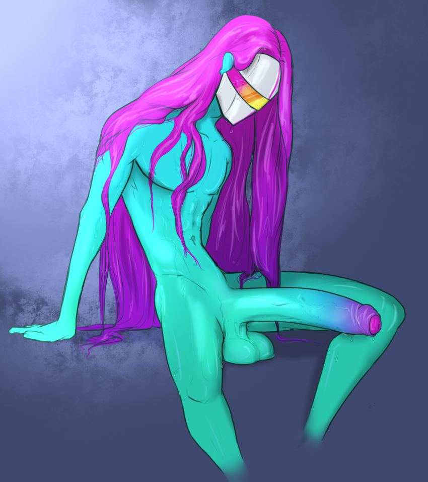 balls big_balls big_penis hair himerosthegod humanoid long_hair long_penis male mask muscular not_furry penis pink_hair radon_(himeros) simple_background solo teal_skin wet