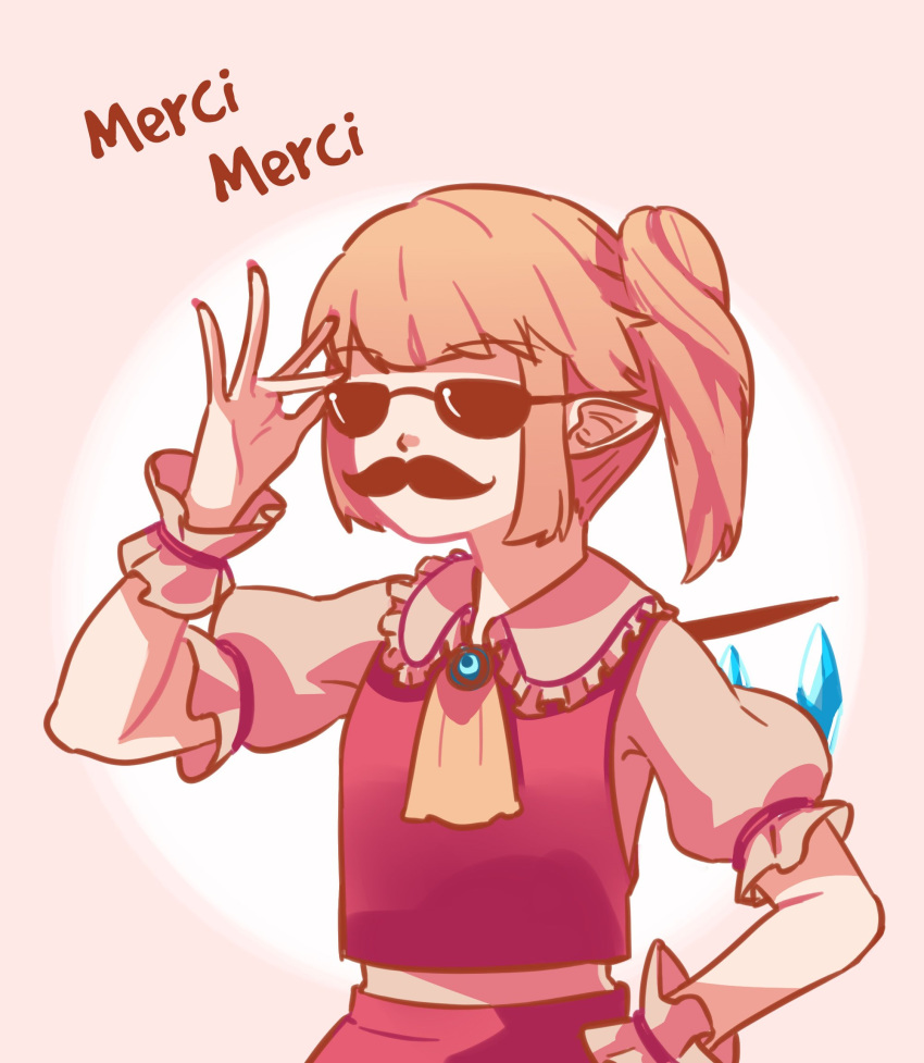 ascot bangs blonde_hair brooch collar commentary eyebrows_visible_through_hair facial_hair fake_facial_hair fake_mustache flandre_scarlet french frilled_collar frilled_sleeves frills gradient gradient_background highres jewelry mustache pointy_ears red_vest shirt short_hair short_ponytail side_ponytail solo standing sunglasses touhou upper_body vest white_shirt wings wrist_cuffs yoruny