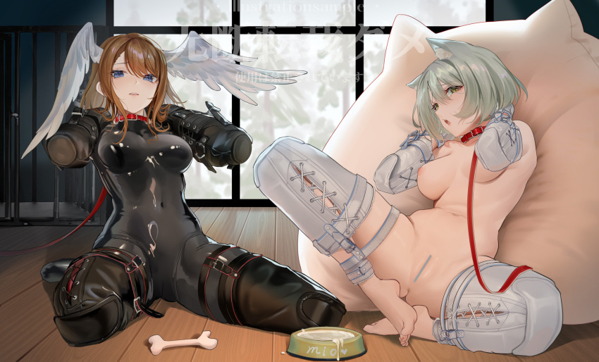 2girls animal_collar animal_ears bar_censor barefoot bdsm belt black_bodysuit blue_eyes bodysuit bondage bondage_outfit bone bound bowl breasts brown_hair cage cat_ears cat_girl censored character_name collar commentary_request covered_navel cum cum_in_bowl cum_in_container eunie_(xenoblade) fh_moya full_body grey_hair hair_between_eyes head_wings heart highres indoors leash long_hair medium_breasts medium_hair mio_(xenoblade) multiple_girls nipples nude open_mouth pet_bowl pet_play pillow pussy restrained sitting skin_tight translation_request wariza watermark wings xenoblade_chronicles_(series) xenoblade_chronicles_3