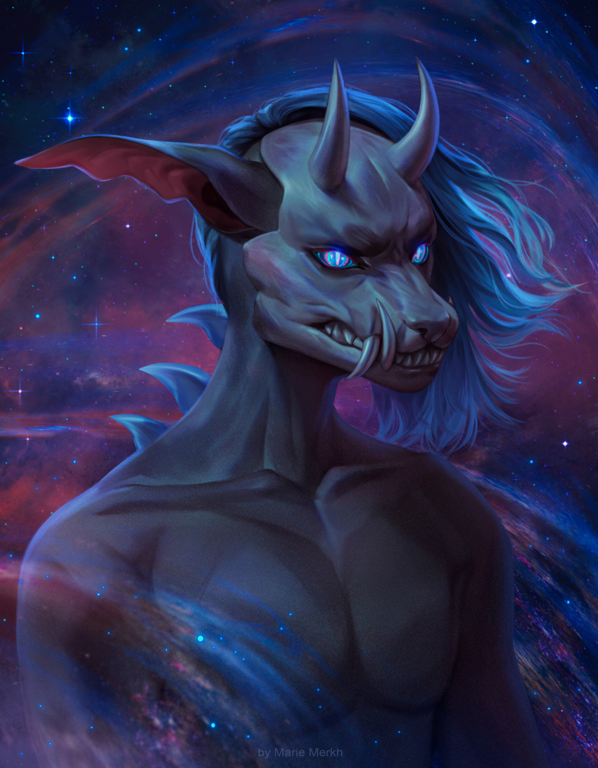 absurd_res artist_name blonde_hair blue_eyes bust_portrait cosmic_background fangs glowing glowing_eyes grey_body hair hi_res male marie_merkh mask multicolored_eyes pink_eyes portrait skull_mask solo space space_background species_request star teeth two_tone_eyes