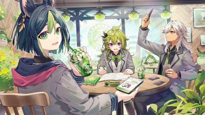 1girl 2boys ahoge alternate_costume aranara_(genshin_impact) black_socks bow bowtie collei_(genshin_impact) cyno_(genshin_impact) genshin_impact green_bow green_bowtie green_hair grey_jacket highres holding holding_pen jacket kneehighs long_sleeves medium_hair multiple_boys oshio_(dayo) outdoors parted_lips pen purple_eyes school_uniform sidelocks socks tighnari_(genshin_impact)