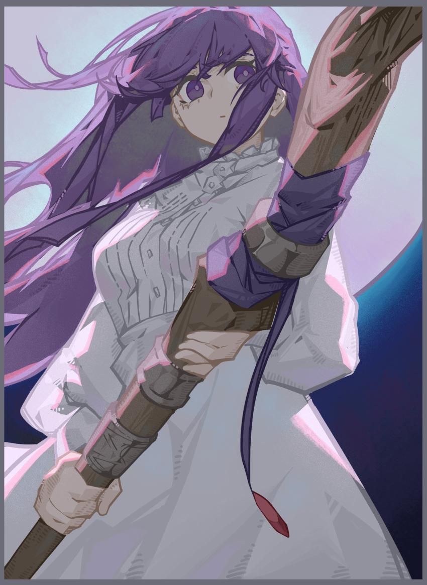 18660081532 1girl absurdres border breasts closed_mouth cowboy_shot dress fern_(sousou_no_frieren) floating_hair from_below grey_border highres holding holding_staff long_hair long_sleeves mage_staff medium_breasts moon moonlight puffy_sleeves purple_eyes purple_hair purple_ribbon ribbon solo sousou_no_frieren staff standing two-handed white_dress