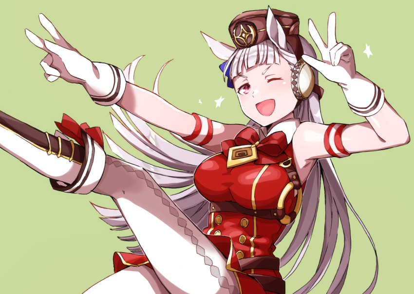 1girl animal_ears blunt_bangs boots bow bowtie breasts collared_dress dress ear_bow gloves gold_ship_(umamusume) green_background grey_hair hat highres horse_ears horse_girl leg_up long_hair looking_at_viewer nanaheibei_3 one_eye_closed open_mouth pillbox_hat purple_bow purple_eyes red_dress shirt sleeveless sleeveless_dress smile solo umamusume w white_footwear