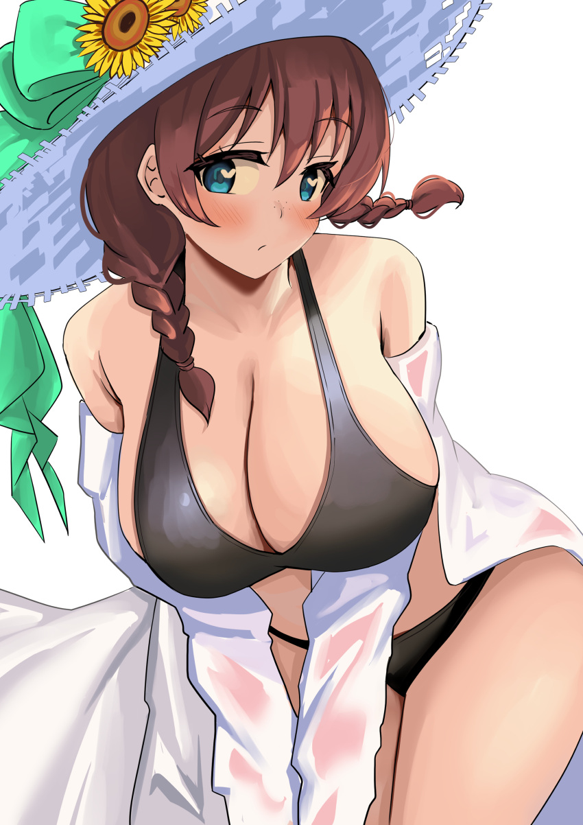 1girl absurdres bikini black_bikini braid breasts brown_hair emma_verde flower hat highres large_breasts long_hair looking_at_viewer love_live! love_live!_nijigasaki_high_school_idol_club open_clothes open_robe pisagi robe simple_background solo sun_hat sunflower swimsuit twin_braids white_background white_robe