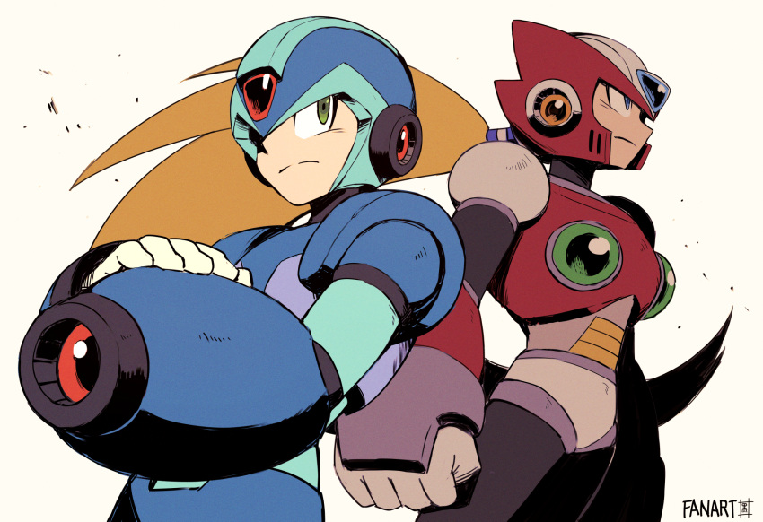 2boys arm_cannon armor blonde_hair blue_armor blue_helmet chest_jewel forehead_jewel highres kuroi_susumu long_hair mega_man_(series) mega_man_x_(series) multiple_boys red_armor red_helmet shaded_face shoulder_armor simple_background upper_body weapon white_background x_(mega_man) zero_(mega_man)