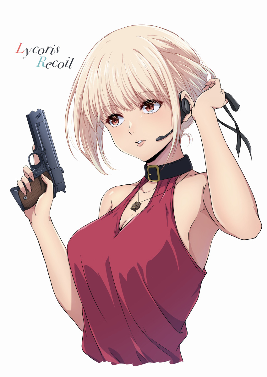 1girl absurdres adjusting_hair bare_arms bare_shoulders black_choker black_ribbon blonde_hair breasts choker cleavage collarbone commentary_request copyright_name cropped_torso dress earpiece eyelashes eyes_visible_through_hair gun hair_between_eyes hair_ribbon handgun hands_up highres holding holding_gun holding_weapon jewelry large_breasts lips looking_afar lycoris_recoil necklace nishikigi_chisato nishizuki_shino parted_lips red_dress red_eyes ribbon short_hair simple_background sleeveless sleeveless_dress solo tsurime upper_body weapon white_background