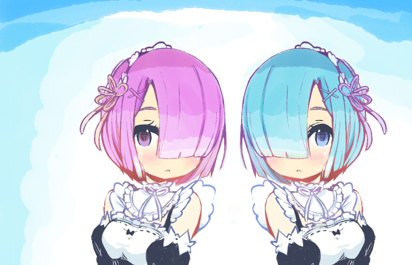 angelica_(k3lly) blue_eyes blue_hair breasts detached_sleeves hair_ornament hair_over_one_eye looking_at_viewer maid maid_headdress multiple_girls pink_eyes pink_hair pink_ribbon purple_ribbon ram_(re:zero) re:zero_kara_hajimeru_isekai_seikatsu rem_(re:zero) ribbon short_hair siblings sisters small_breasts traditional_media twins upper_body watercolor_(medium) x_hair_ornament