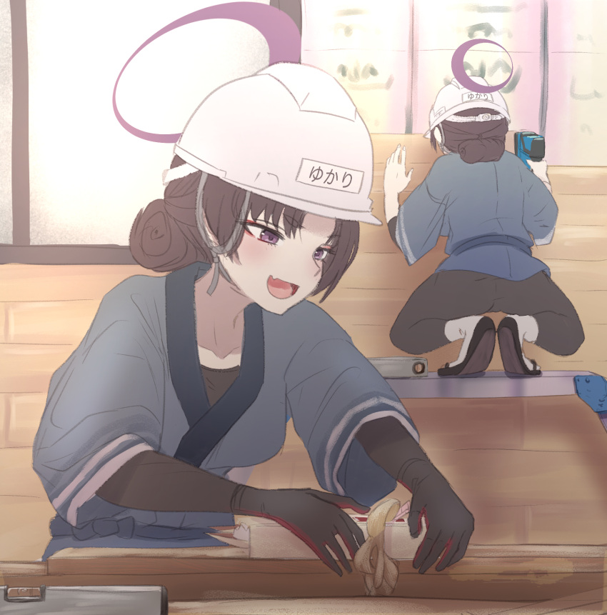 2girls :d ass black_gloves blue_archive collarbone construction fang gloves halo hard_hat helmet highres holding_tool japanese_clothes kanna_(blue_archive) multiple_girls name_tag objectification plank power_tool purple_eyes purple_halo shitsugaikotsu skin_fang smile squatting wood_carving_tool yukari_(blue_archive)